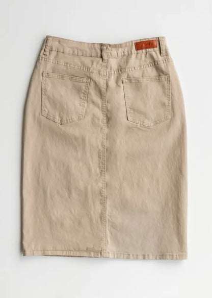 Remi Simply Taupe Denim Midi Skirt - IC Skirts
