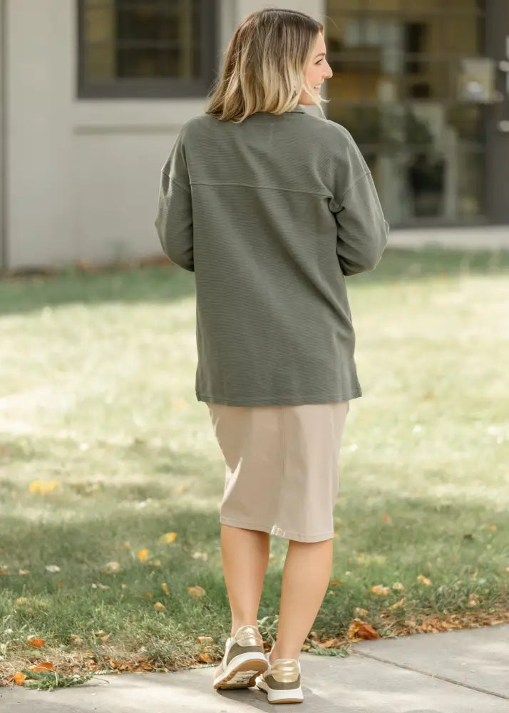 Remi Simply Taupe Denim Midi Skirt - IC Skirts