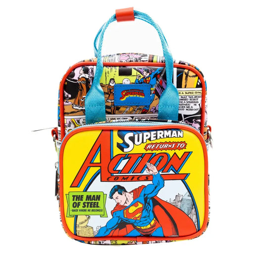 DC Comics Bag Crossbody Superman Return to Action Comics Cover Pose and Scenes Vegan Leather Crossbody Bags