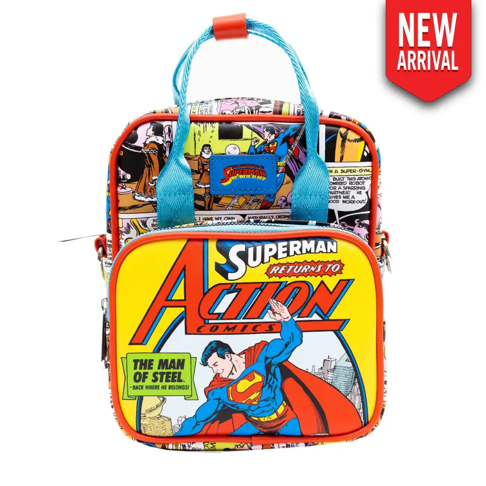 DC Comics Bag Crossbody Superman Return to Action Comics Cover Pose and Scenes Vegan Leather Crossbody Bags