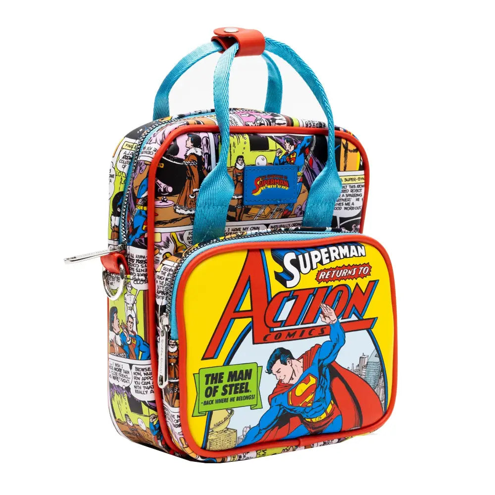 DC Comics Bag Crossbody Superman Return to Action Comics Cover Pose and Scenes Vegan Leather Crossbody Bags