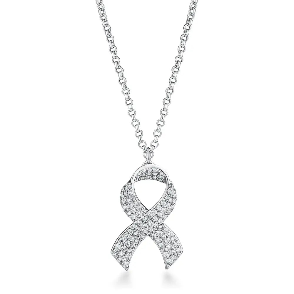Rhodium Plated Pave CZ Ribbon Necklace - Necklaces
