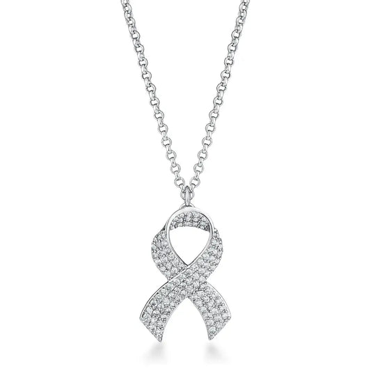 Rhodium Plated Pave CZ Ribbon Necklace - Necklaces