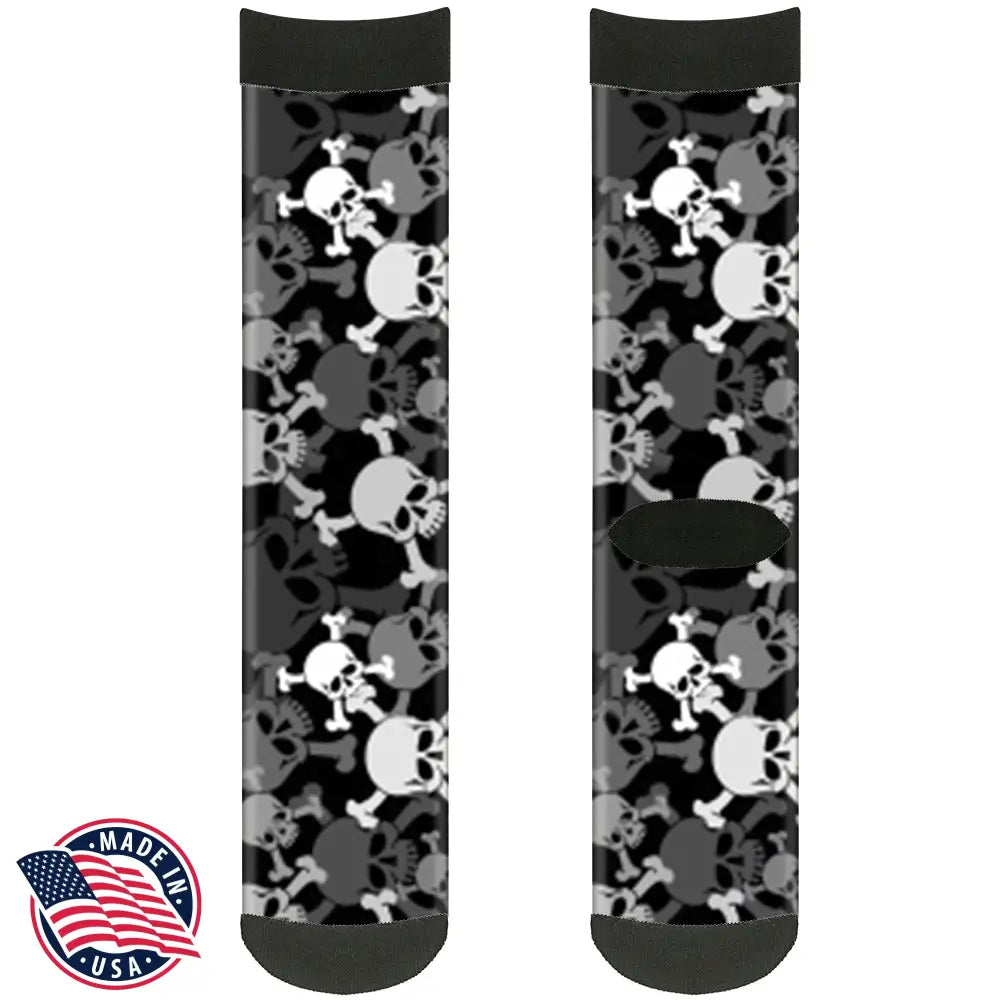 Sock Pair - Polyester - Top Skulls Stacked Black Gray White - CREW Socks