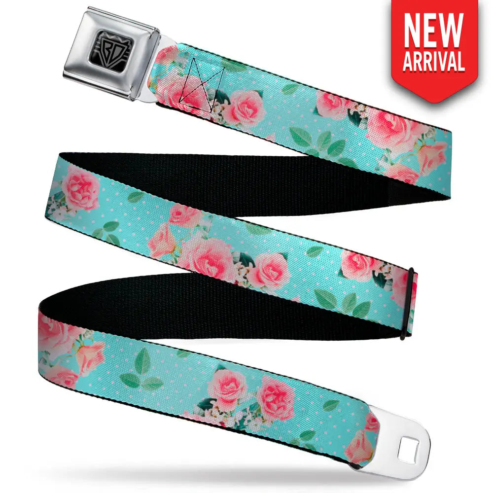 BD Wings Logo CLOSE-UP Black/Silver Seatbelt Belt - Roses & Leaves Scattered/Polka Dot Aqua/White Webbing Seatbelt Belts