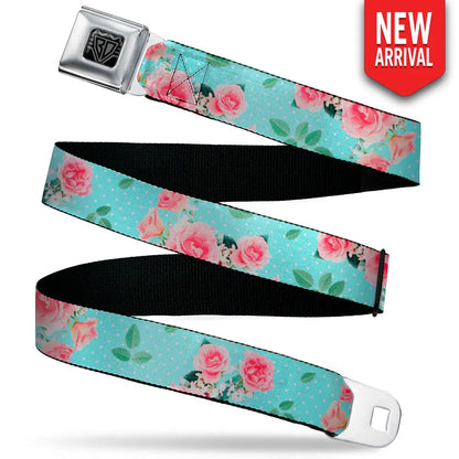 BD Wings Logo CLOSE-UP Black/Silver Seatbelt Belt - Roses & Leaves Scattered/Polka Dot Aqua/White Webbing Seatbelt Belts