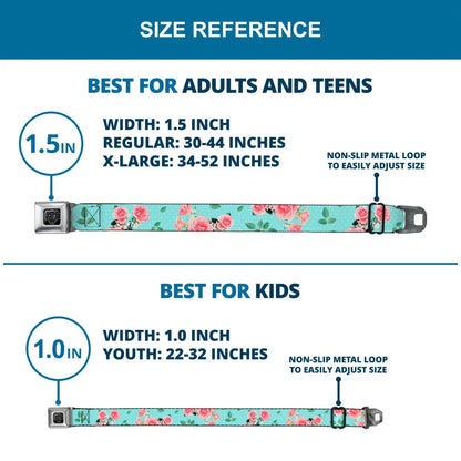BD Wings Logo CLOSE-UP Black/Silver Seatbelt Belt - Roses & Leaves Scattered/Polka Dot Aqua/White Webbing Seatbelt Belts
