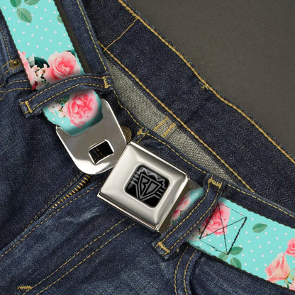 BD Wings Logo CLOSE-UP Black/Silver Seatbelt Belt - Roses & Leaves Scattered/Polka Dot Aqua/White Webbing Seatbelt Belts