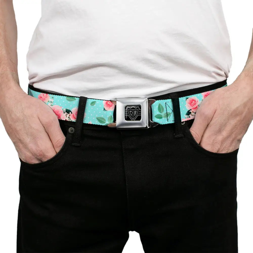BD Wings Logo CLOSE-UP Black/Silver Seatbelt Belt - Roses & Leaves Scattered/Polka Dot Aqua/White Webbing Seatbelt Belts