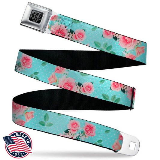 BD Wings Logo CLOSE-UP Black/Silver Seatbelt Belt - Roses & Leaves Scattered/Polka Dot Aqua/White Webbing Seatbelt Belts