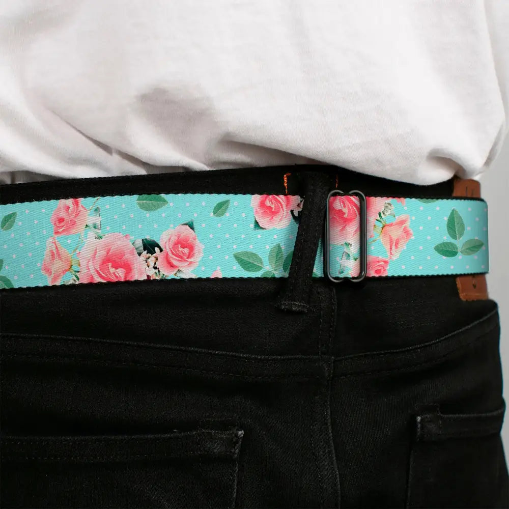 BD Wings Logo CLOSE-UP Black/Silver Seatbelt Belt - Roses & Leaves Scattered/Polka Dot Aqua/White Webbing Seatbelt Belts