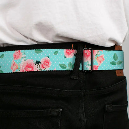 BD Wings Logo CLOSE-UP Black/Silver Seatbelt Belt - Roses & Leaves Scattered/Polka Dot Aqua/White Webbing Seatbelt Belts