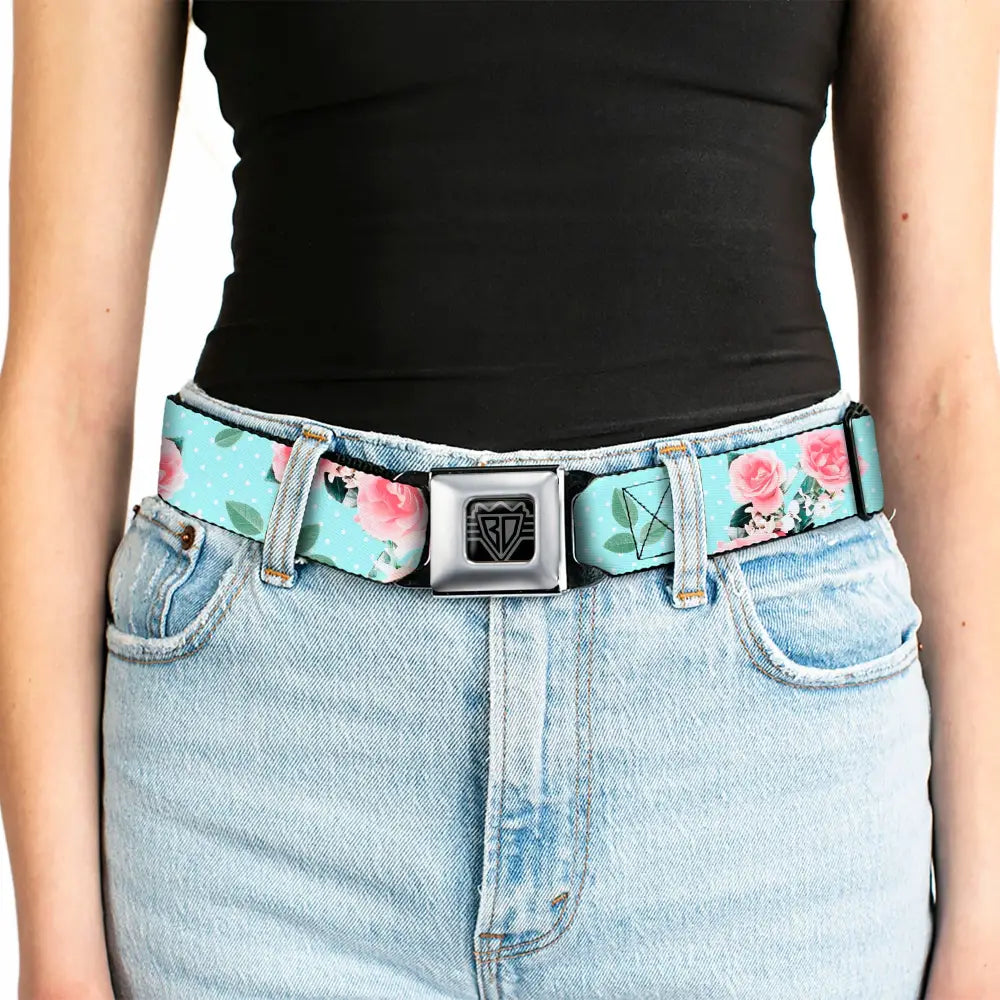 BD Wings Logo CLOSE-UP Black/Silver Seatbelt Belt - Roses & Leaves Scattered/Polka Dot Aqua/White Webbing Seatbelt Belts