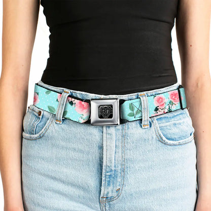 BD Wings Logo CLOSE-UP Black/Silver Seatbelt Belt - Roses & Leaves Scattered/Polka Dot Aqua/White Webbing Seatbelt Belts