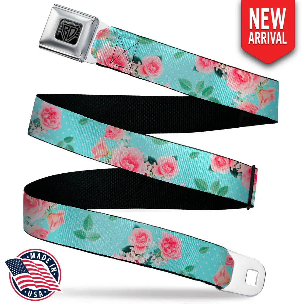 BD Wings Logo CLOSE-UP Black/Silver Seatbelt Belt - Roses & Leaves Scattered/Polka Dot Aqua/White Webbing Seatbelt Belts