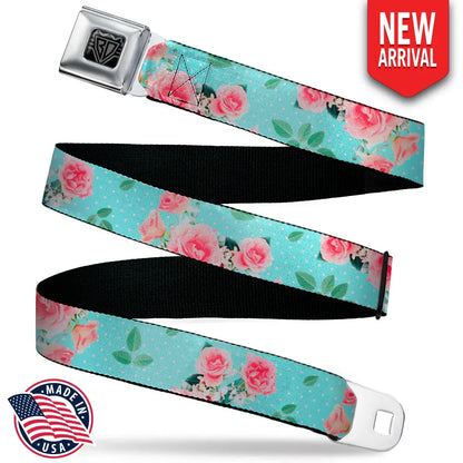 BD Wings Logo CLOSE-UP Black/Silver Seatbelt Belt - Roses & Leaves Scattered/Polka Dot Aqua/White Webbing Seatbelt Belts