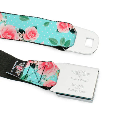 BD Wings Logo CLOSE-UP Black/Silver Seatbelt Belt - Roses & Leaves Scattered/Polka Dot Aqua/White Webbing Seatbelt Belts