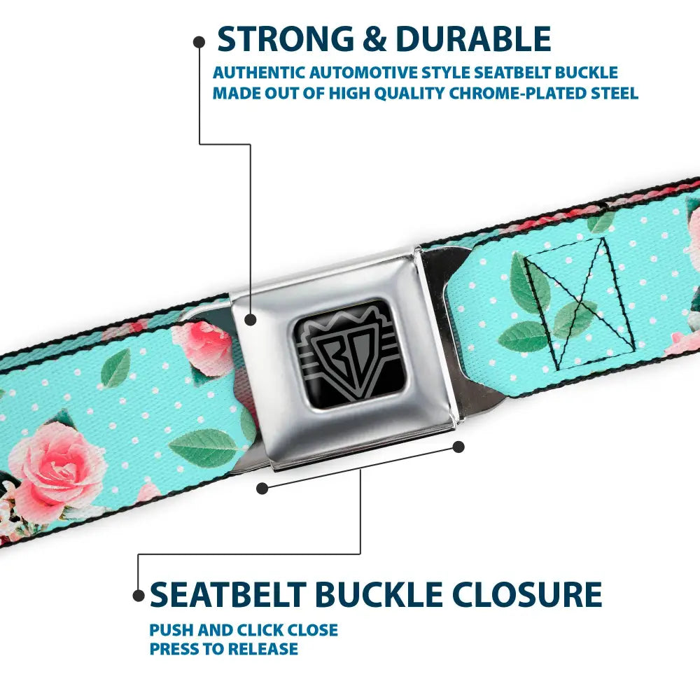 BD Wings Logo CLOSE-UP Black/Silver Seatbelt Belt - Roses & Leaves Scattered/Polka Dot Aqua/White Webbing Seatbelt Belts