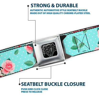 BD Wings Logo CLOSE-UP Black/Silver Seatbelt Belt - Roses & Leaves Scattered/Polka Dot Aqua/White Webbing Seatbelt Belts
