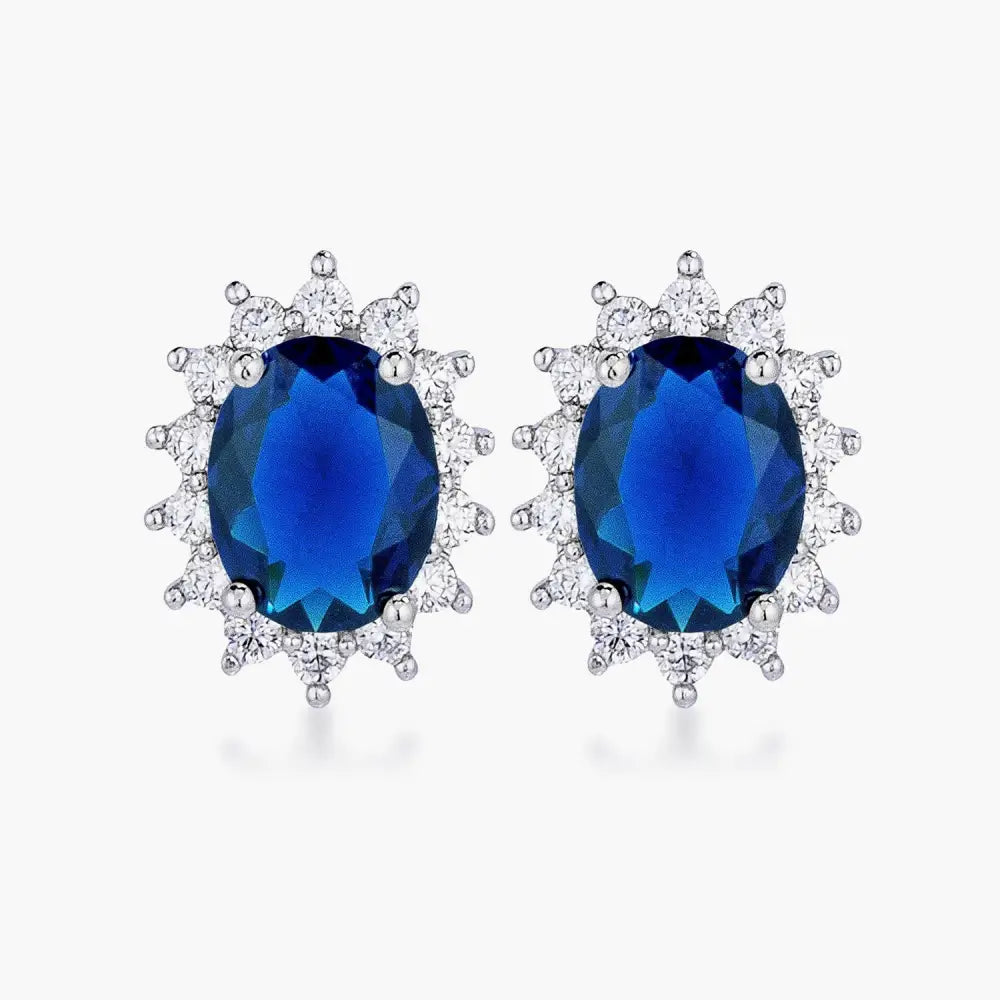 Rhodium Plated Sapphire Blue Petite Royal Oval Earrings - Earrings