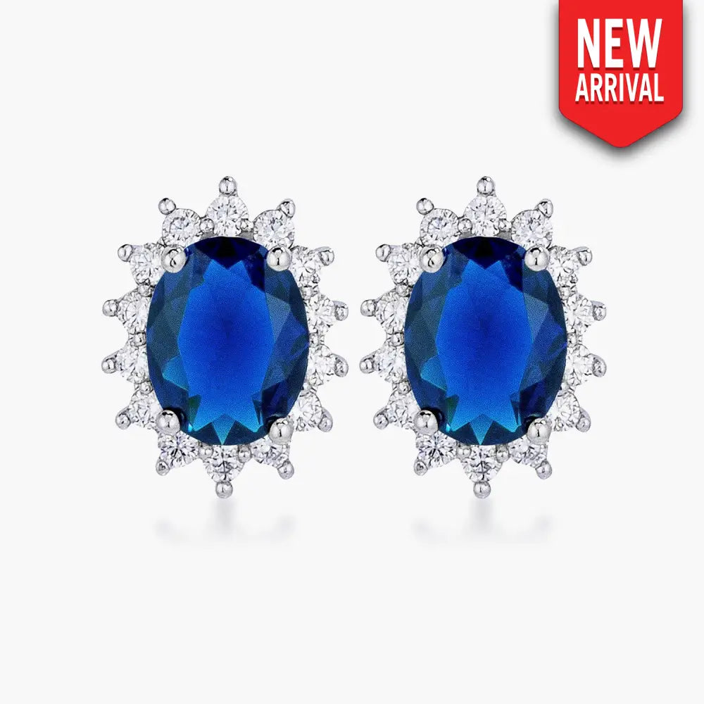 Rhodium Plated Sapphire Blue Petite Royal Oval Earrings - Earrings