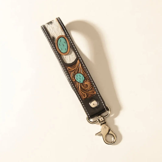 Myra Tallin Bloom Handtooled Leather Keyfob in Saddle Sky - Saddle Sky - Accessories