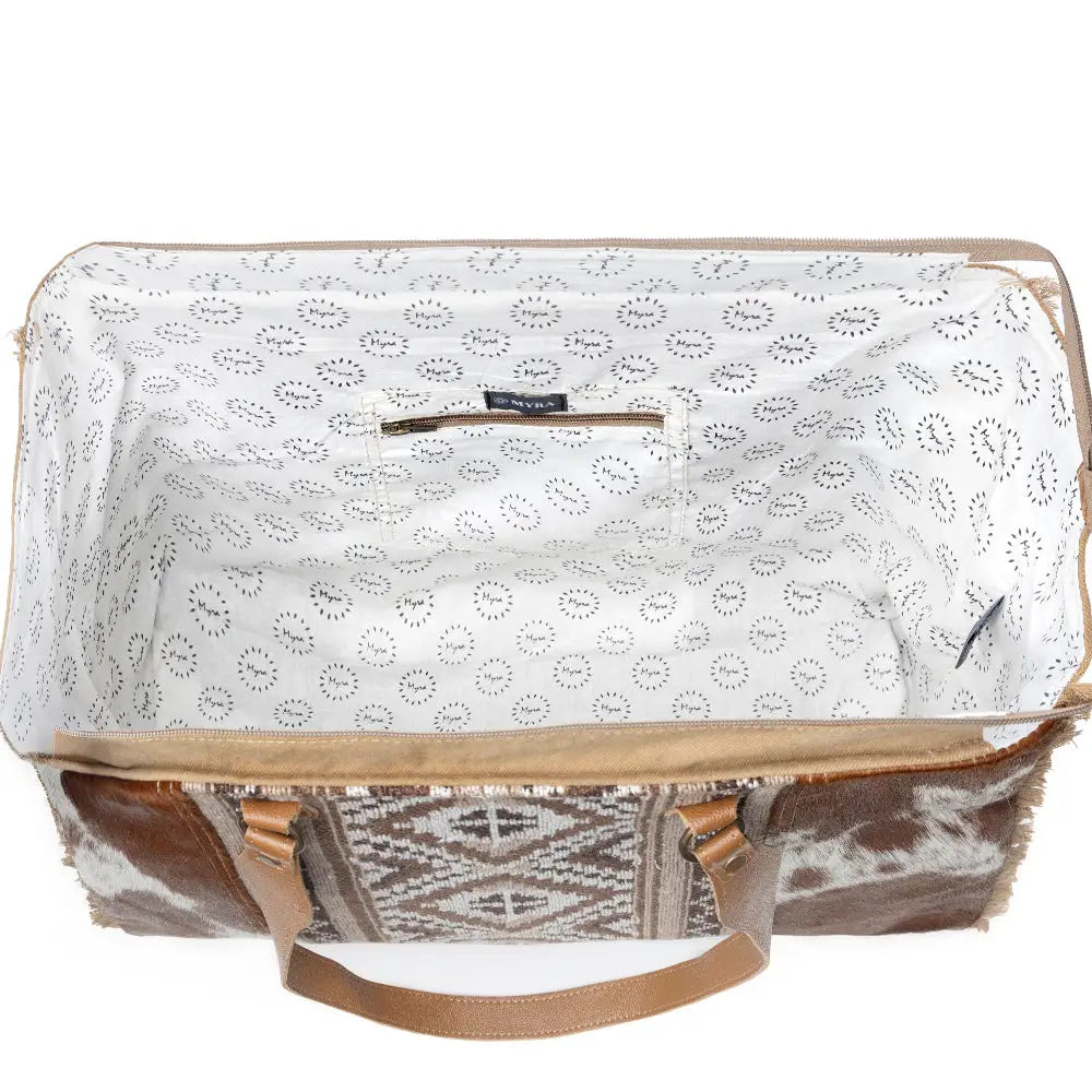 Myra Elisa Leather Weekender Bag - Spacious Cowhide Travel Tote with Tribal Woven Panel and Dual Shoulder Straps - Bags