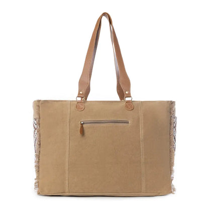 Myra Elisa Leather Weekender Bag - Spacious Cowhide Travel Tote with Tribal Woven Panel and Dual Shoulder Straps - Bags