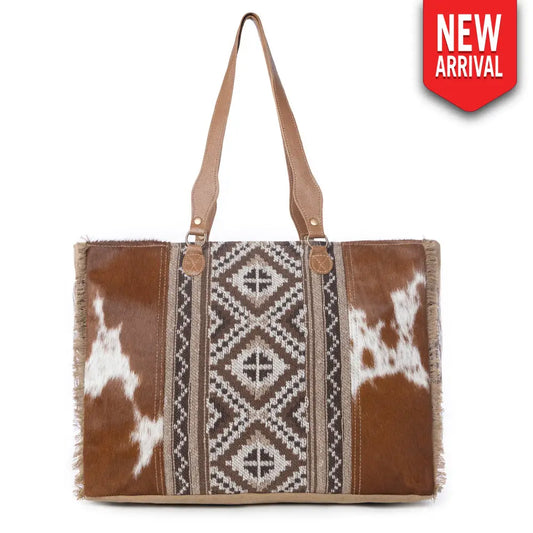 Myra Elisa Leather Weekender Bag - Spacious Cowhide Travel Tote with Tribal Woven Panel and Dual Shoulder Straps - Bags
