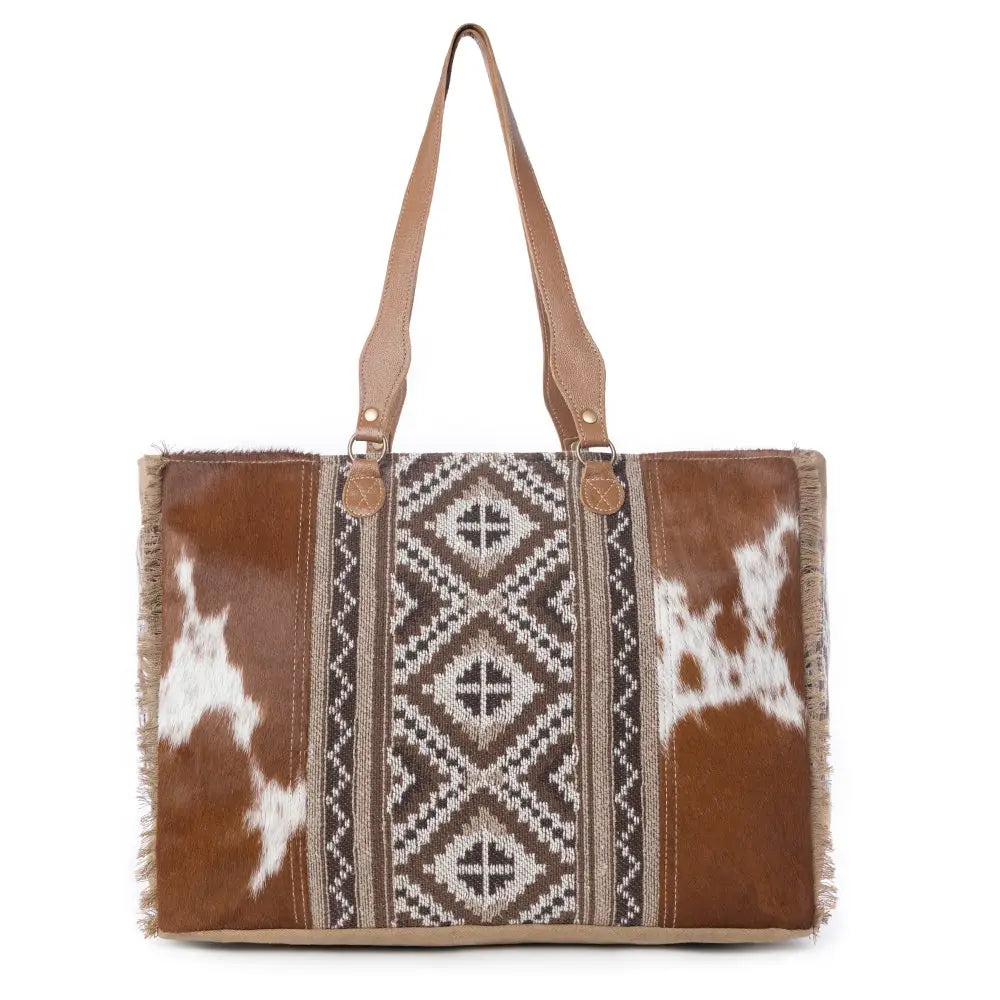Myra Elisa Leather Weekender Bag - Spacious Cowhide Travel Tote with Tribal Woven Panel and Dual Shoulder Straps - Bags