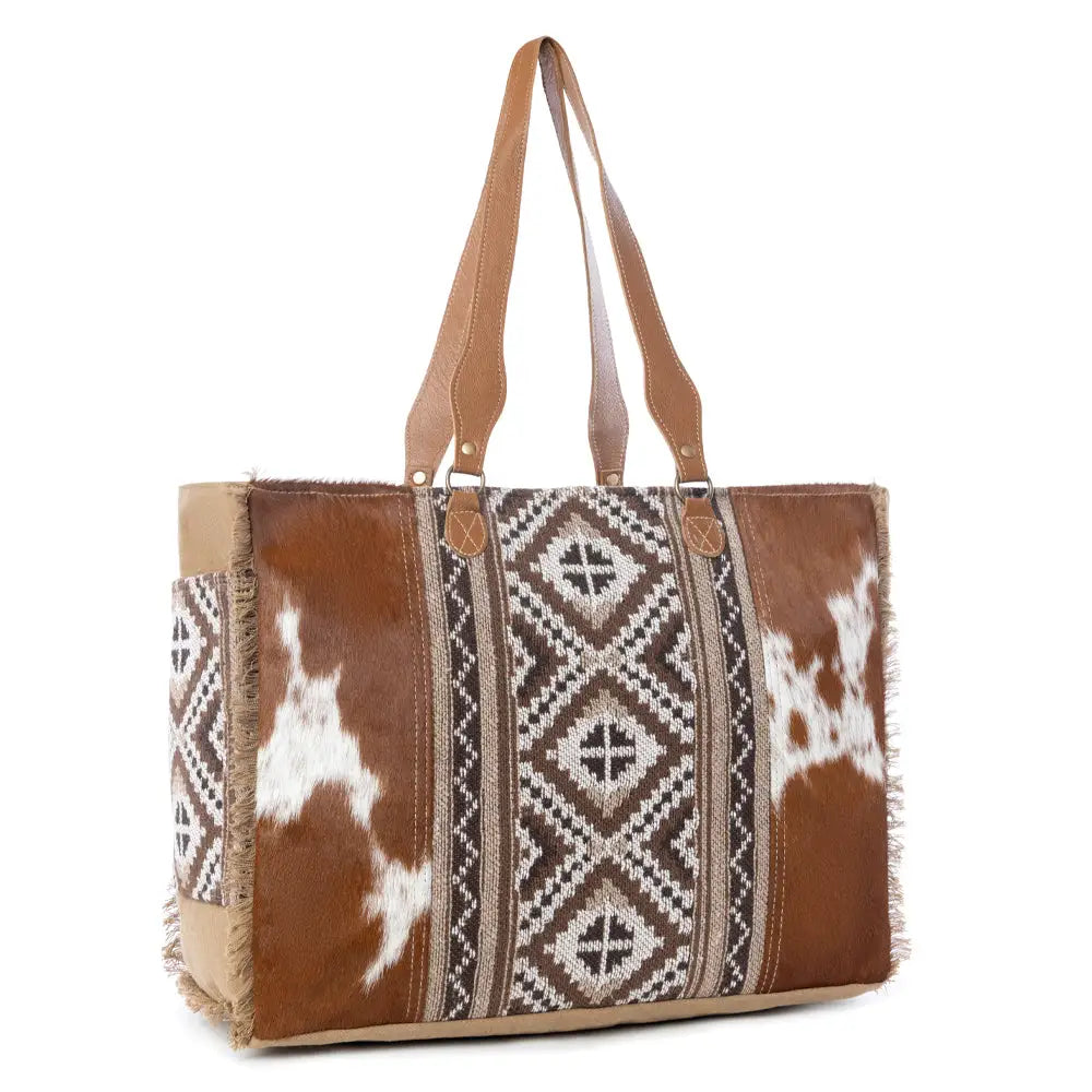 Myra Elisa Leather Weekender Bag - Spacious Cowhide Travel Tote with Tribal Woven Panel and Dual Shoulder Straps - Bags