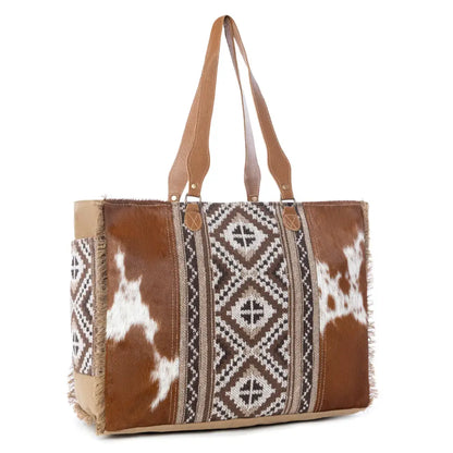 Myra Elisa Leather Weekender Bag - Spacious Cowhide Travel Tote with Tribal Woven Panel and Dual Shoulder Straps - Bags
