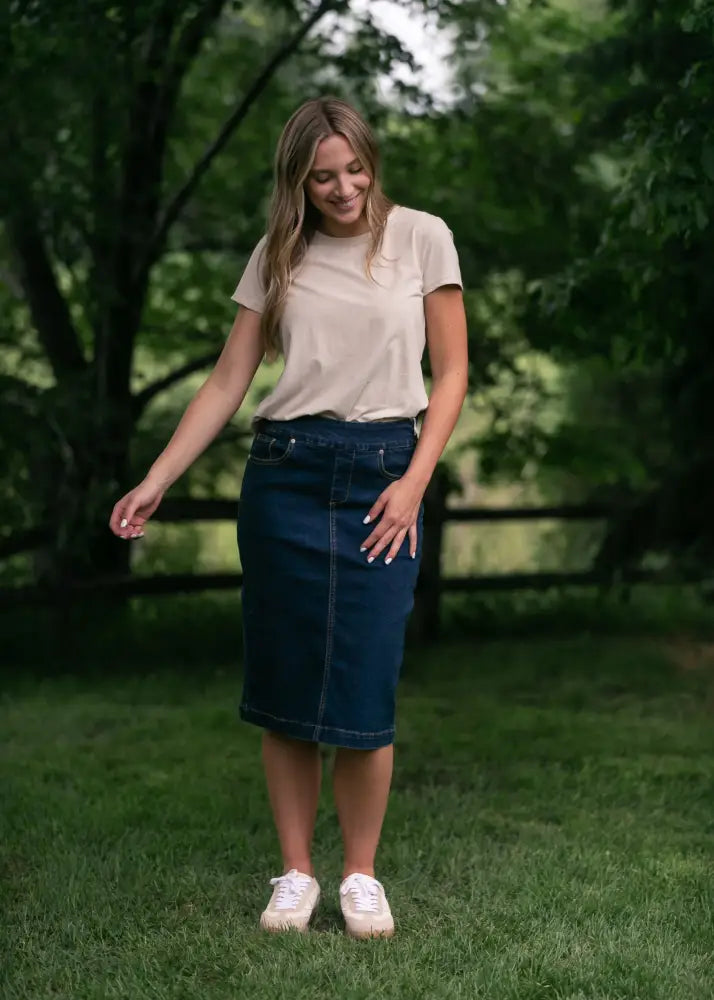 Sandra Dark Wash Denim Midi Skirt IC Skirts