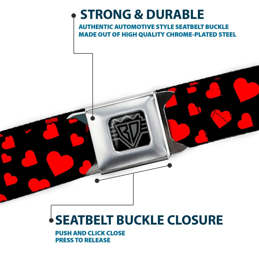 BD Wings Logo CLOSE-UP Black/Silver Seatbelt Belt - Hearts Scattered Black/Red Webbing Seatbelt Belts