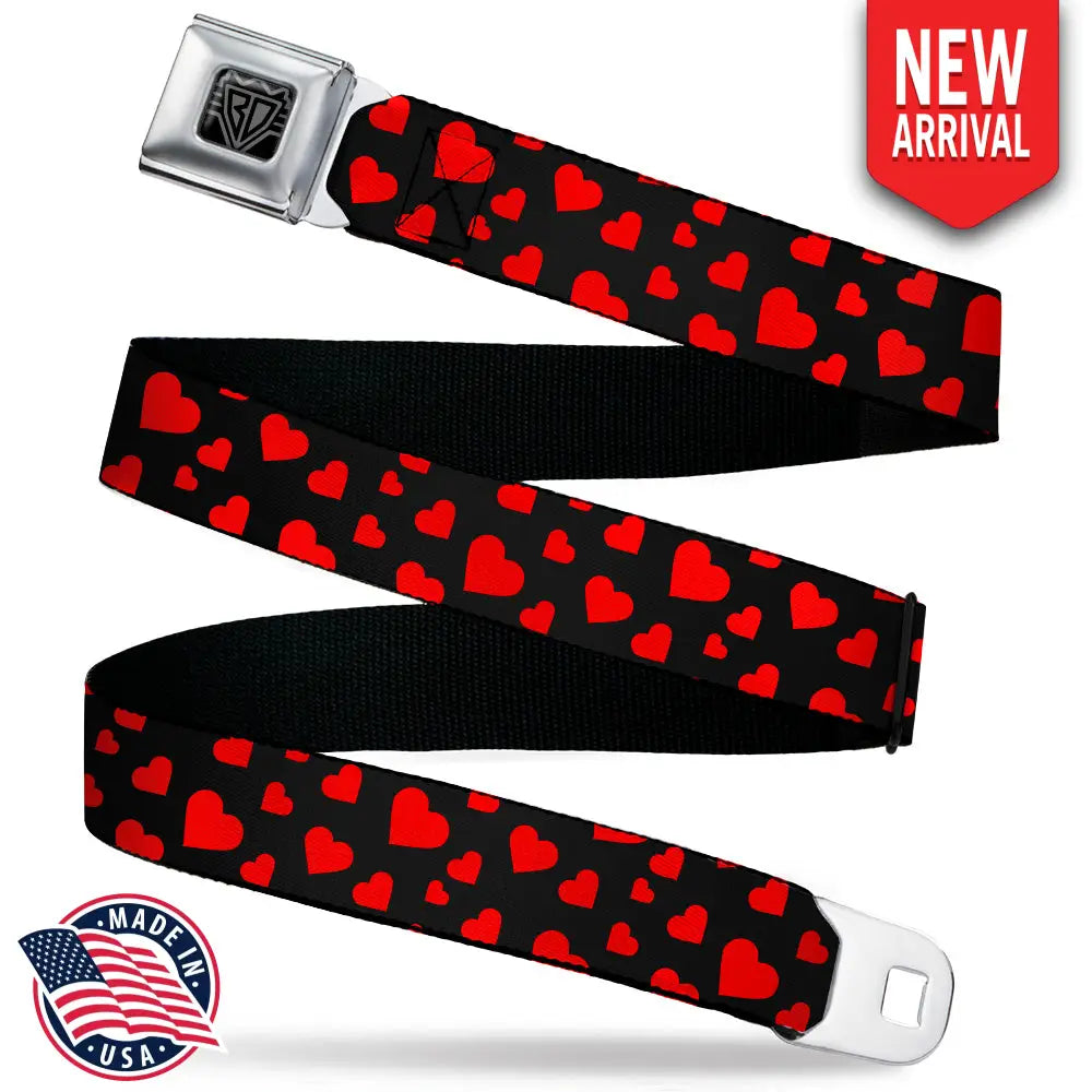 BD Wings Logo CLOSE-UP Black/Silver Seatbelt Belt - Hearts Scattered Black/Red Webbing Seatbelt Belts