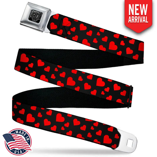 BD Wings Logo CLOSE-UP Black/Silver Seatbelt Belt - Hearts Scattered Black/Red Webbing Seatbelt Belts