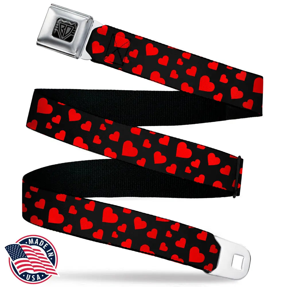 BD Wings Logo CLOSE-UP Black/Silver Seatbelt Belt - Hearts Scattered Black/Red Webbing Seatbelt Belts
