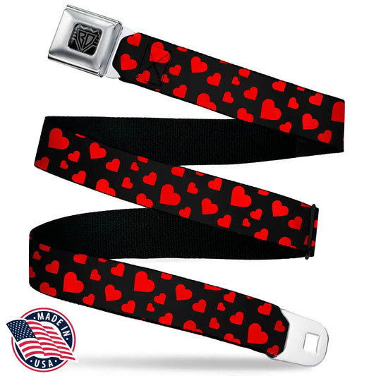 BD Wings Logo CLOSE-UP Black/Silver Seatbelt Belt - Hearts Scattered Black/Red Webbing Seatbelt Belts