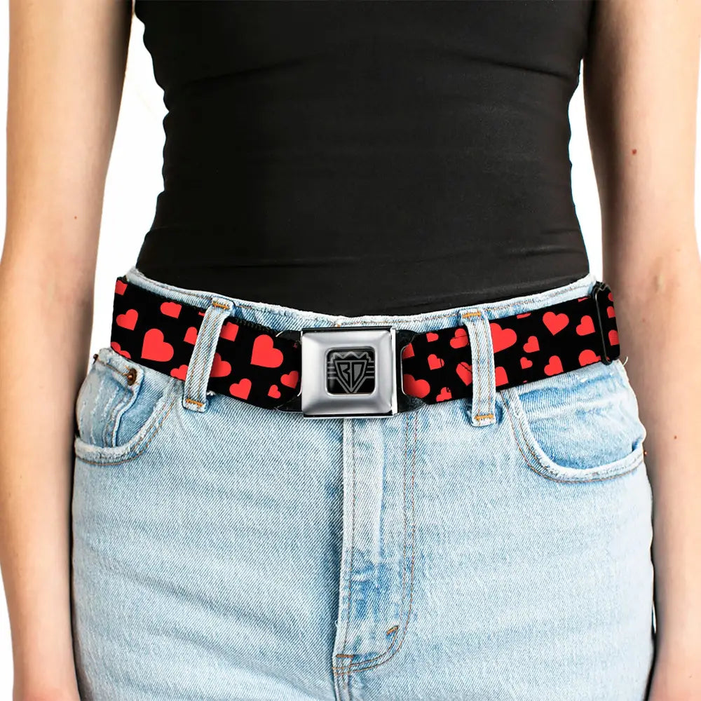 BD Wings Logo CLOSE-UP Black/Silver Seatbelt Belt - Hearts Scattered Black/Red Webbing Seatbelt Belts