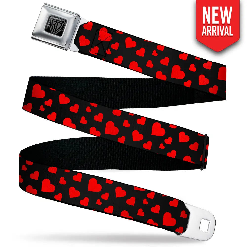 BD Wings Logo CLOSE-UP Black/Silver Seatbelt Belt - Hearts Scattered Black/Red Webbing Seatbelt Belts
