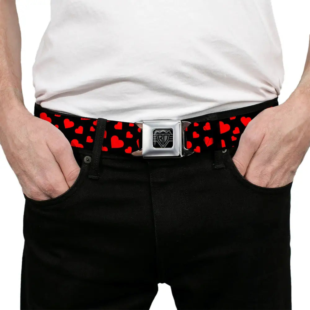BD Wings Logo CLOSE-UP Black/Silver Seatbelt Belt - Hearts Scattered Black/Red Webbing Seatbelt Belts