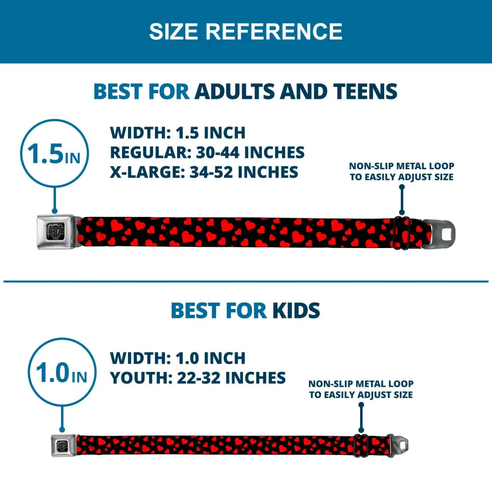 BD Wings Logo CLOSE-UP Black/Silver Seatbelt Belt - Hearts Scattered Black/Red Webbing Seatbelt Belts