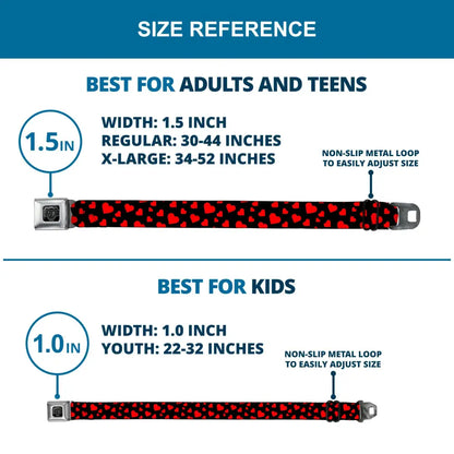 BD Wings Logo CLOSE-UP Black/Silver Seatbelt Belt - Hearts Scattered Black/Red Webbing Seatbelt Belts