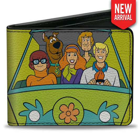 Bi-Fold Wallet - Scooby Doo Group Driving Mystery Machine Front Pose + Text Yellow Bi-Fold Wallets