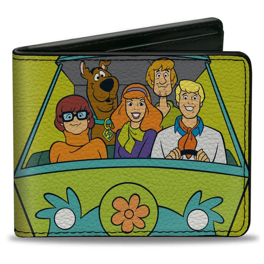 Bi-Fold Wallet - Scooby Doo Group Driving Mystery Machine Front Pose + Text Yellow Bi-Fold Wallets