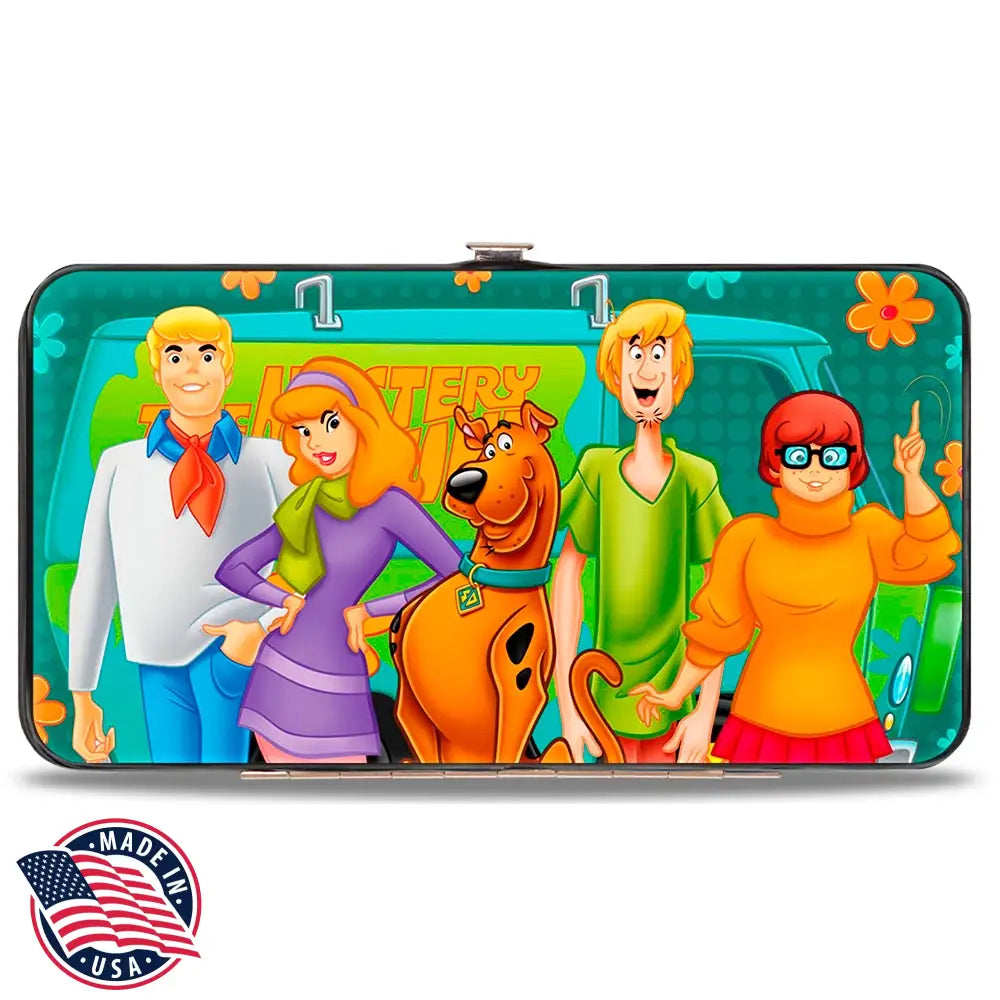 Hinged Wallet - Scooby Doo 5-Character Group Pose w Mystery Machine Turquoise Blues Orange Hinged Wallets