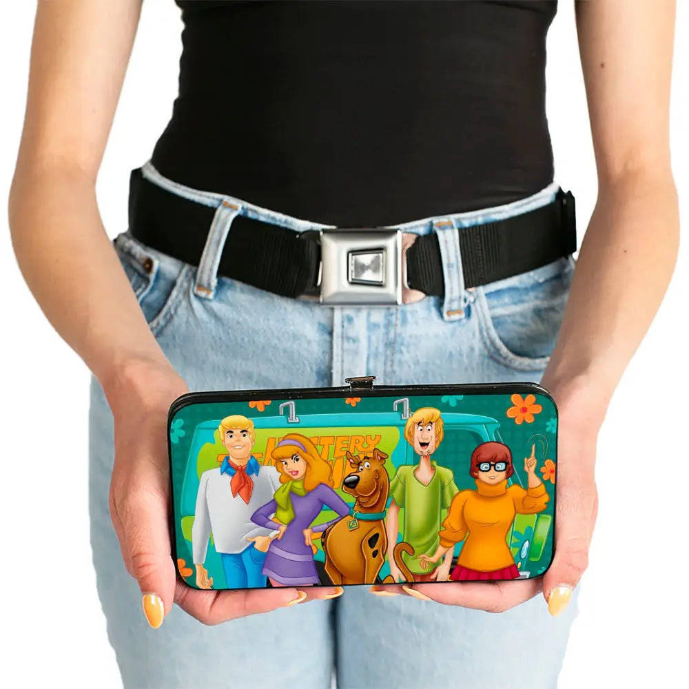 Hinged Wallet - Scooby Doo 5-Character Group Pose w Mystery Machine Turquoise Blues Orange Hinged Wallets