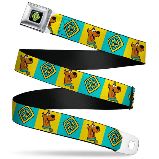 SD Dog Tag Full Color Black/Yellow/Blue Seatbelt Belt - Scooby Doo Pose and Dog Tag Blocks Yellow/Blue Webbing Seatbelt