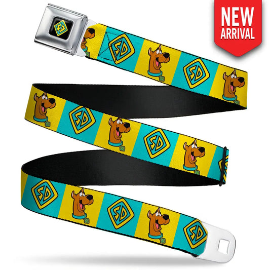 SD Dog Tag Full Color Black/Yellow/Blue Seatbelt Belt - Scooby Doo Pose and Dog Tag Blocks Yellow/Blue Webbing Seatbelt
