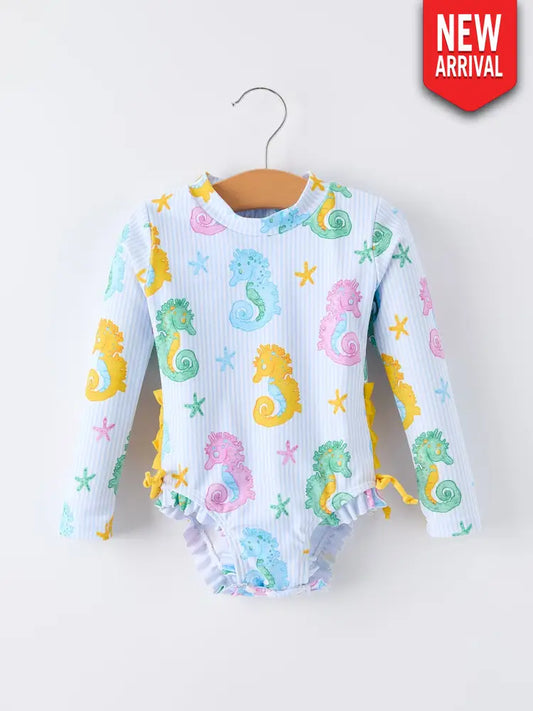 Summer Seahorse Print Girl Long Sleeve Ruffle One Piece Swimsuit - Swimsuit